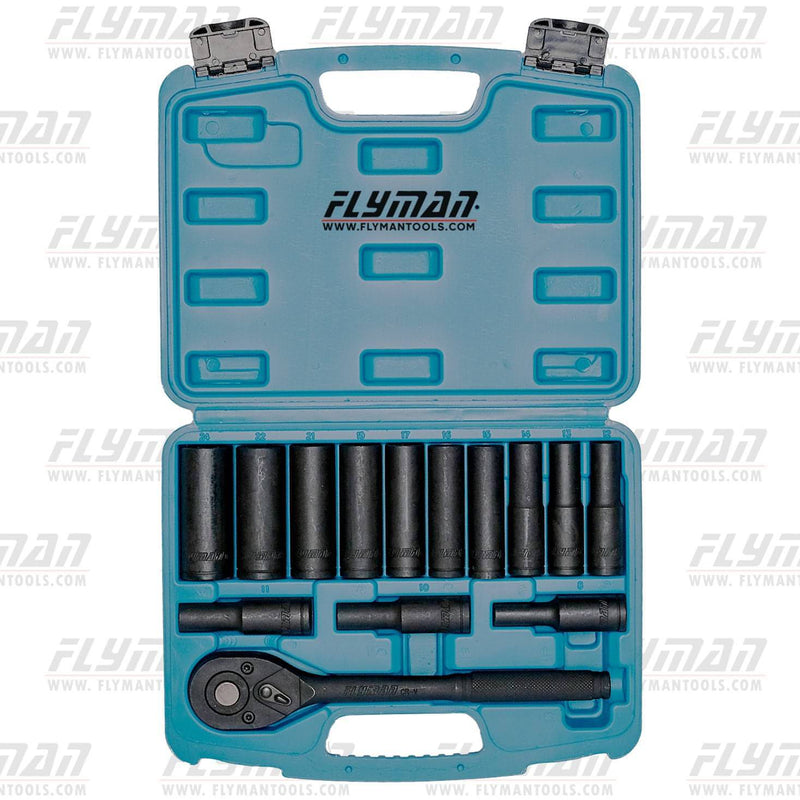 Flyman® Deep Socket Set 15pcs 1/2 Drive (8mm-24mm) 6 Points